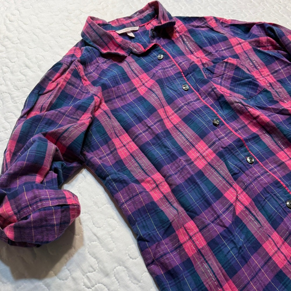 Victoria's Secret Women M Button Down Shirt Plaid GRUNGE LUREX SPARKLE SOFT GIRL